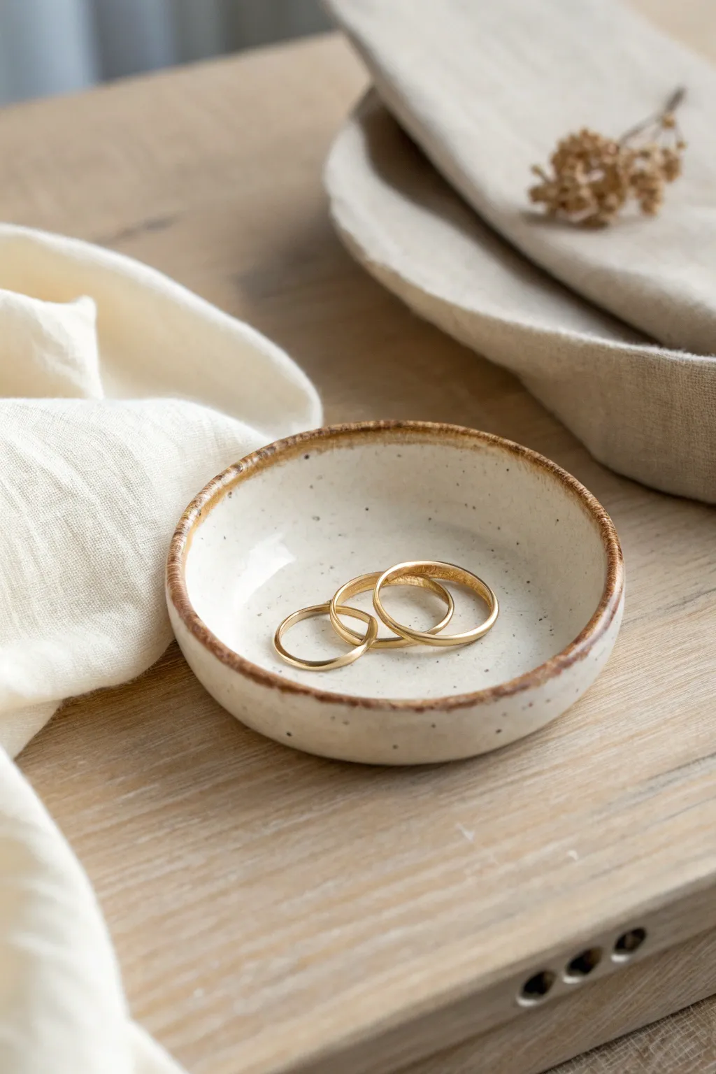 Easy DIY clay trinket dish in soft neutrals, perfect for rings and minimalist decor.