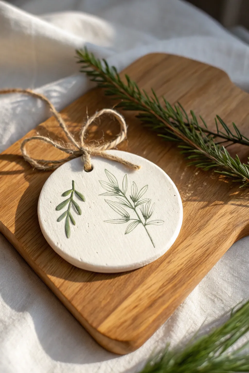 Minimal white clay ornament with crisp botanical imprint and jute tie, calm Nordic-boho mood.