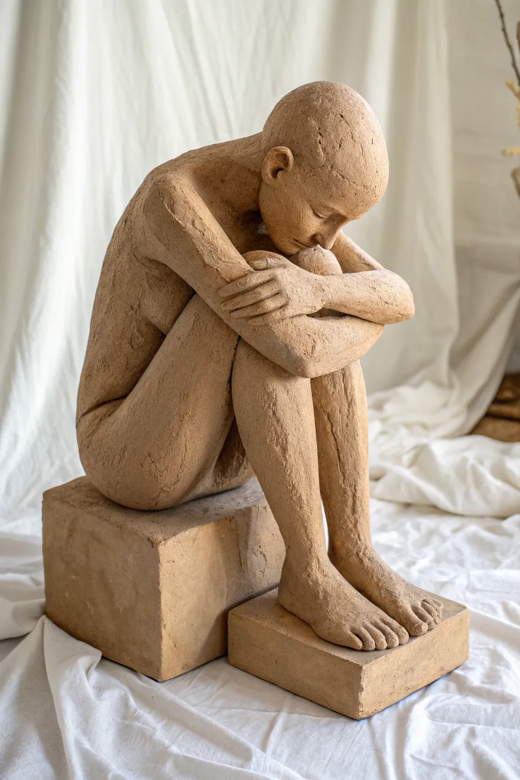 Minimal seated abstract figure in matte clay, serene curves and soft shadows for quiet boho calm