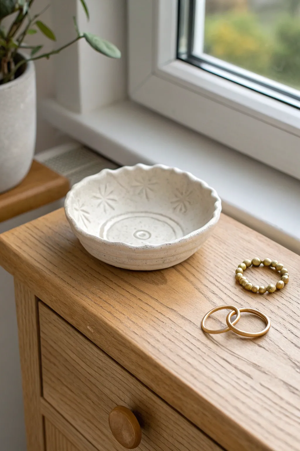 Easy pinch-pot trinket dish with a simple stamped center, perfect for rings by the bed.