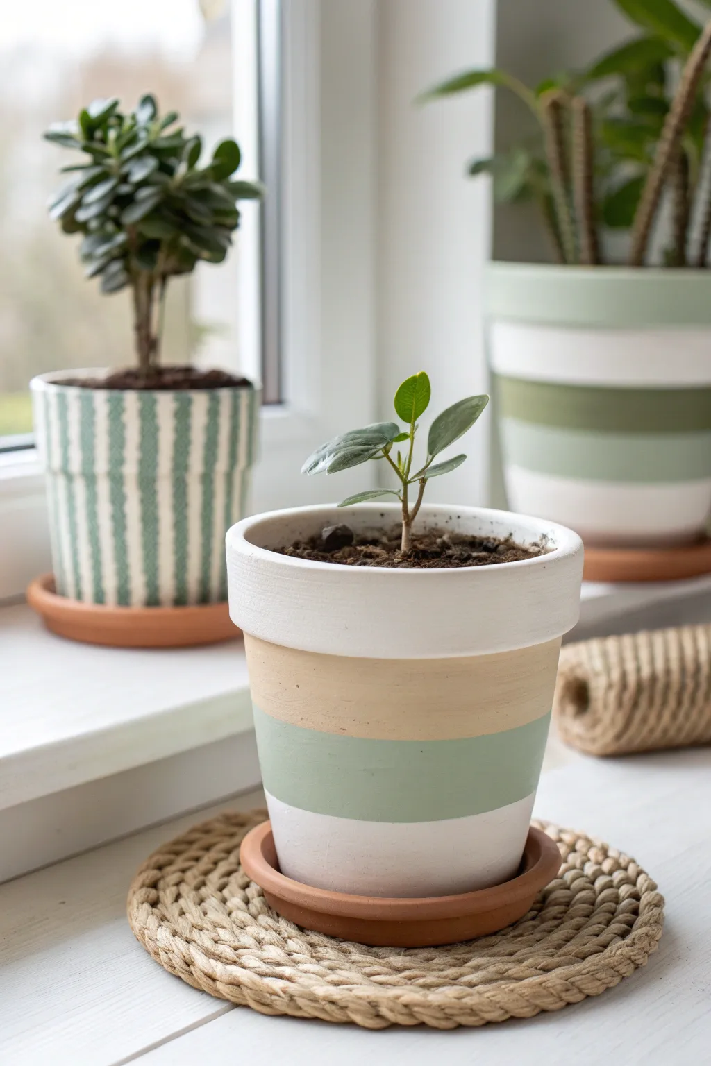 Minimal striped clay pot on sunny sill, simple color blocking and fresh green leaves.