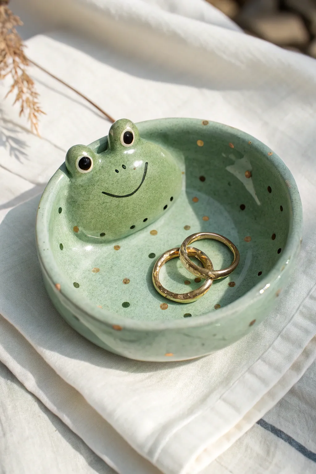 Chubby frog ring dish that keeps your favorite rings safe, cute, and minimalist on your vanity.