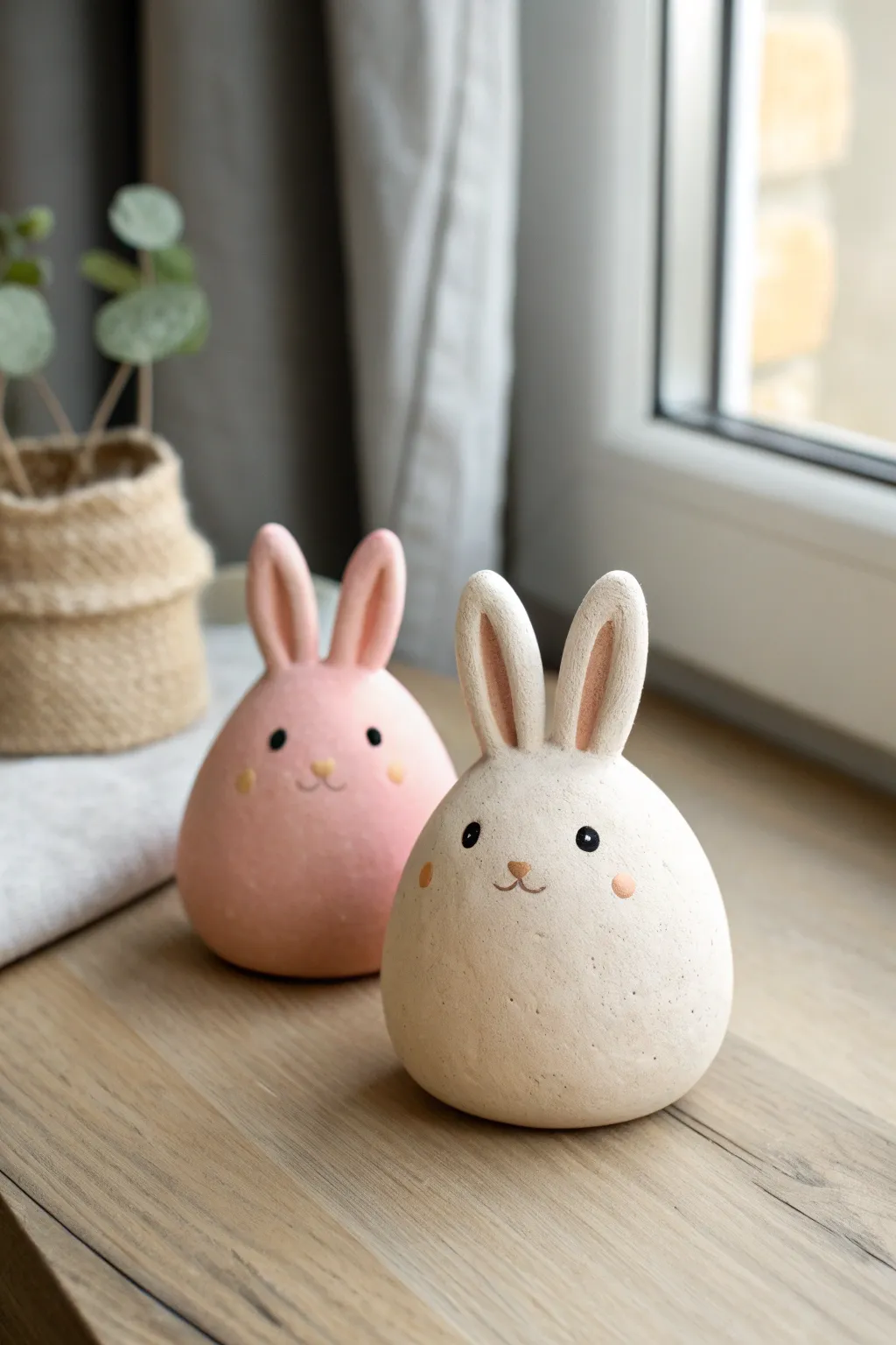 Chubby Bunny Buddies in soft pink and cream clay, a sweet minimalist shelf accent.