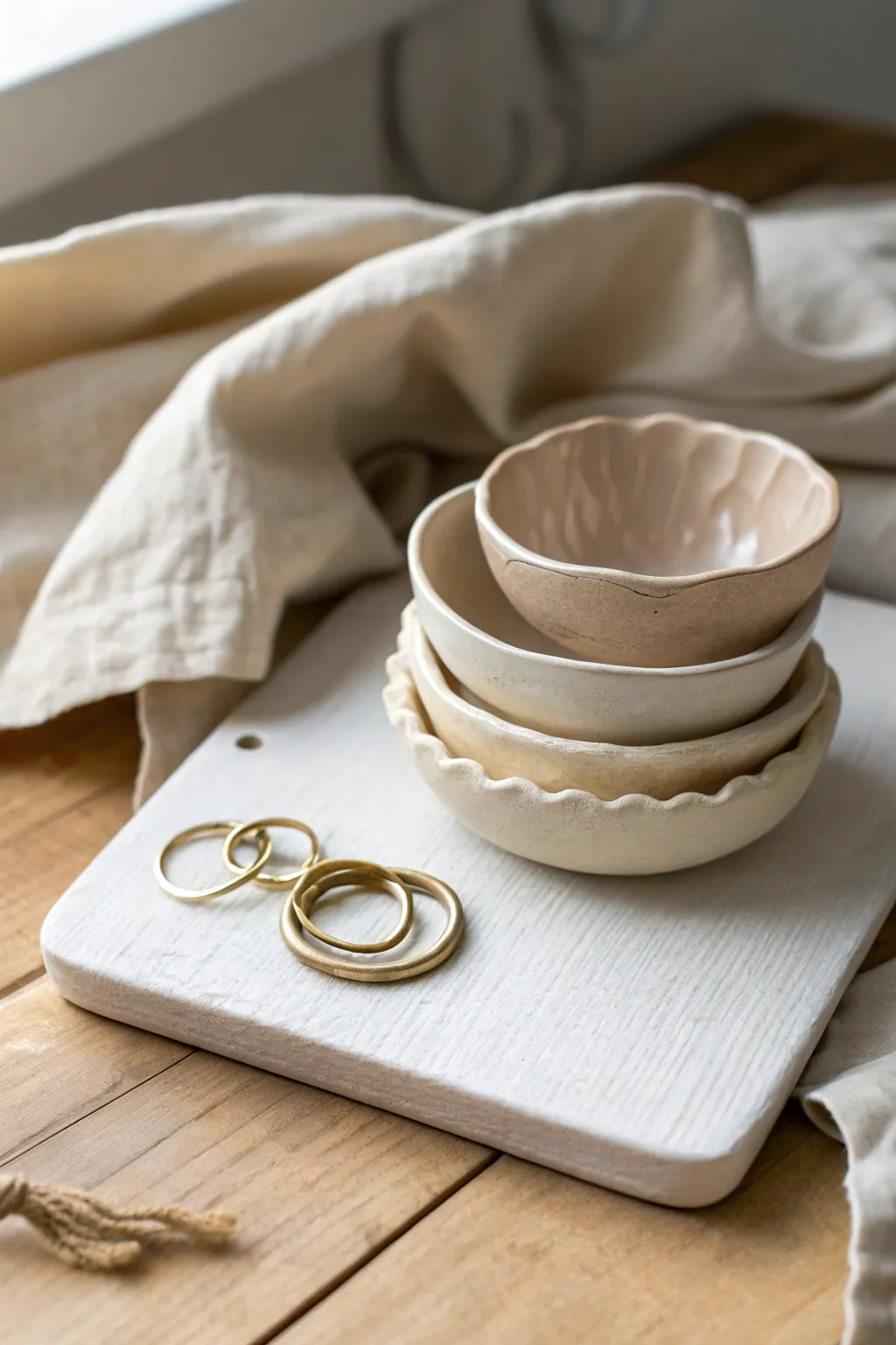 Neutral matte clay ring dishes in organic shapes, styled simply for a calm minimalist moment.