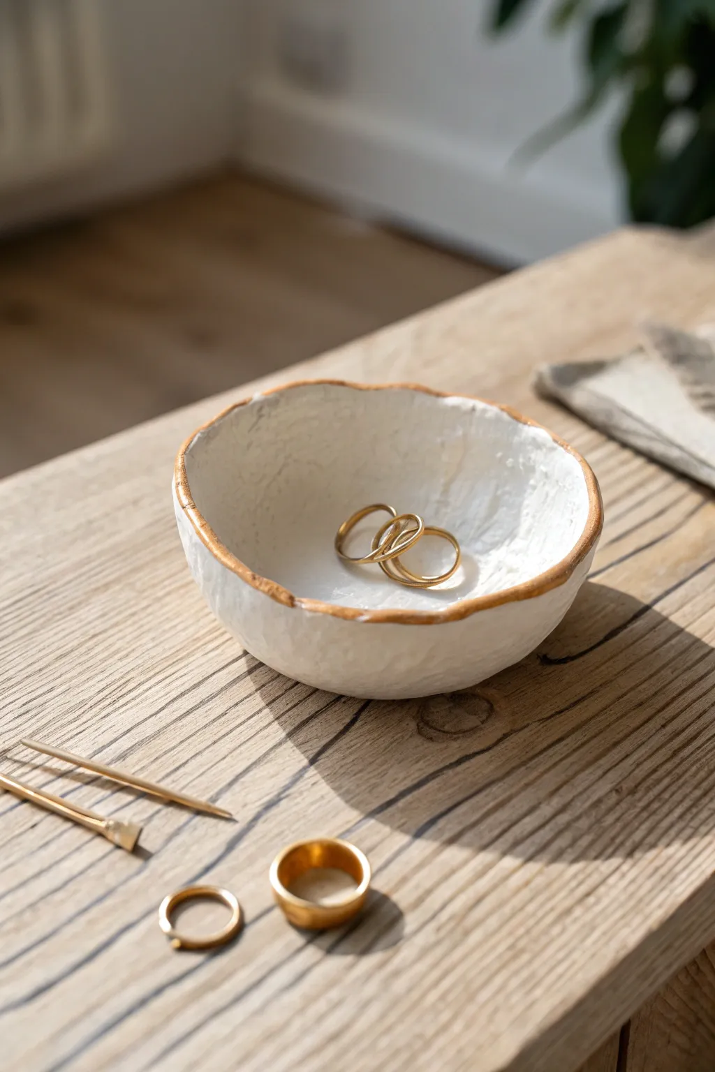 Matte white pinch-pot trinket dish with a painted rim, styled simply for everyday jewelry.