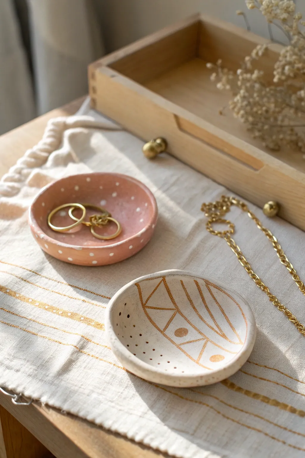 Matching air-dry clay trinket dishes with dots and stripes, styled softly for a cozy clay date.