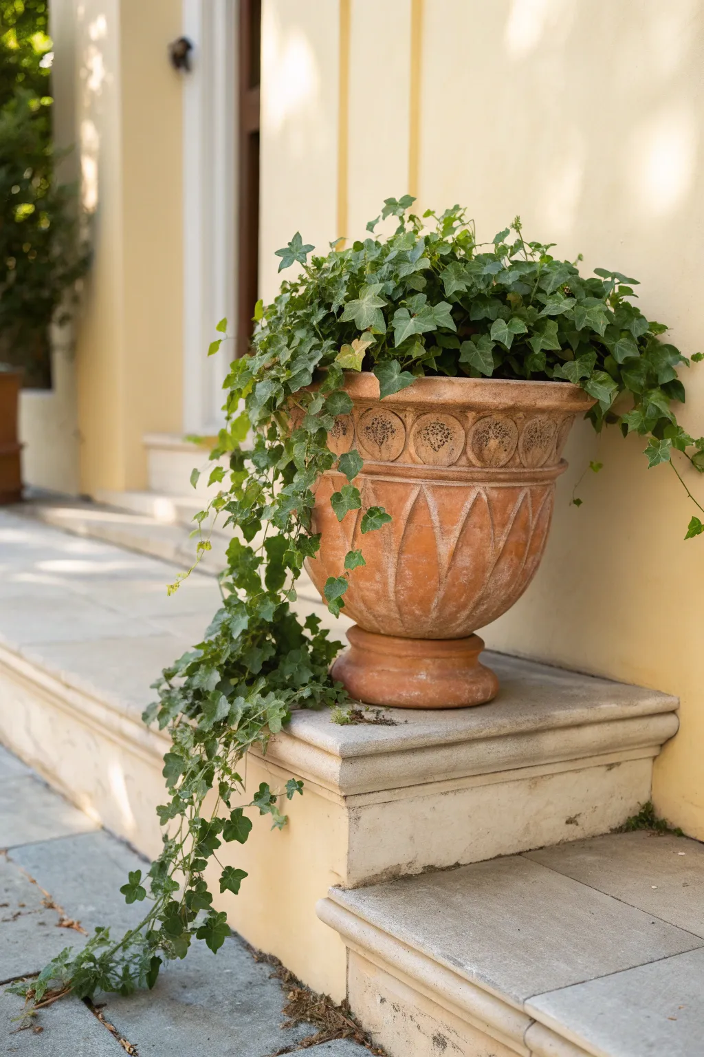 Warm terra cotta pot with lush ivy spilling over the rim for a timeless, minimal porch look