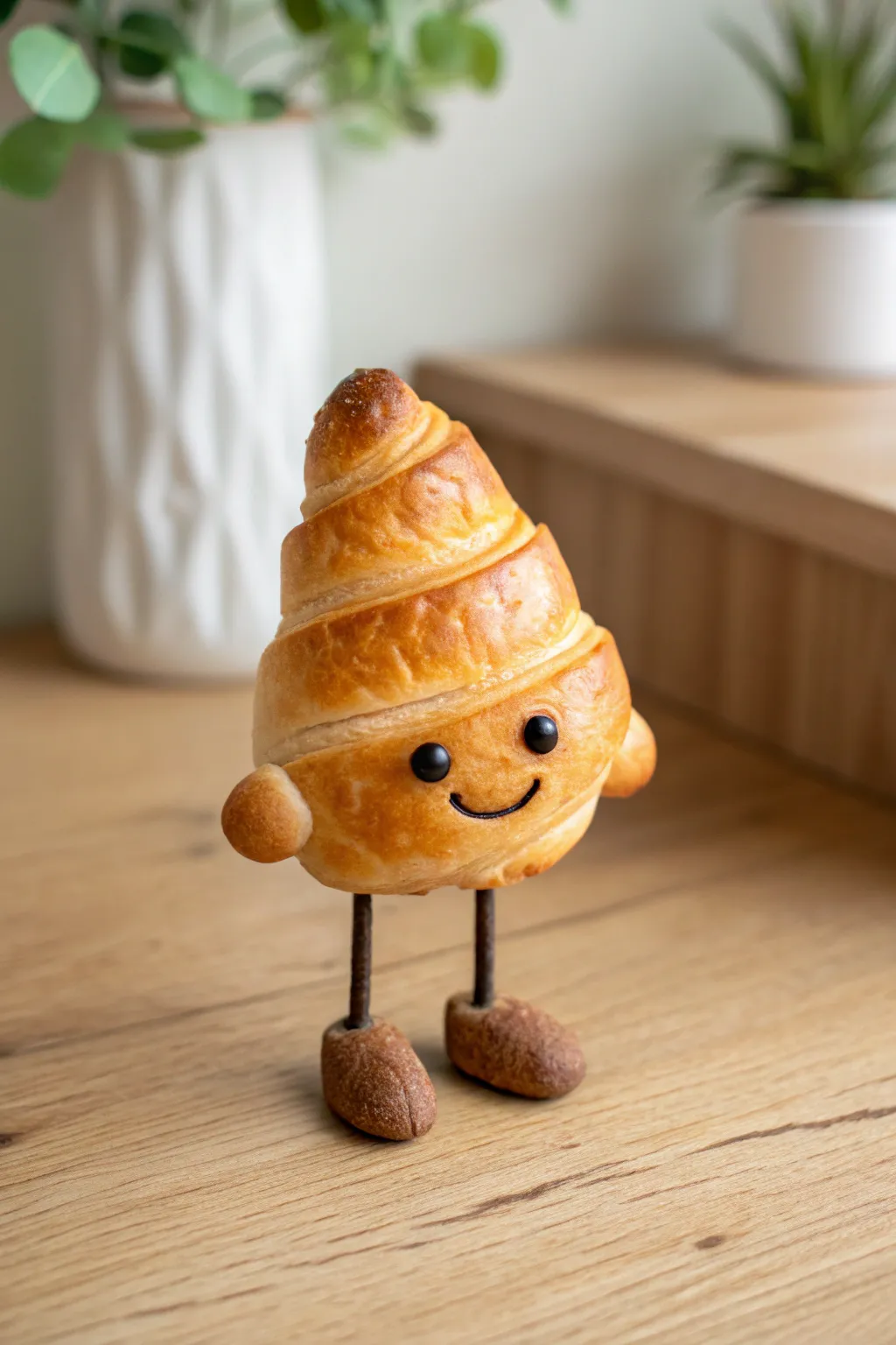 Golden smiley croissant clay buddy with tiny eyes and dangly legs, minimalist and boho cute