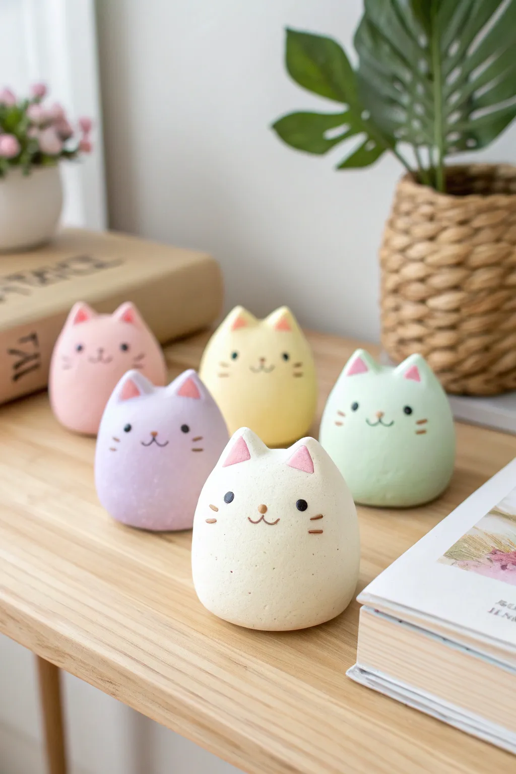 Pastel round cat figurines in air dry clay, sweet kawaii vibes for a minimalist desk.