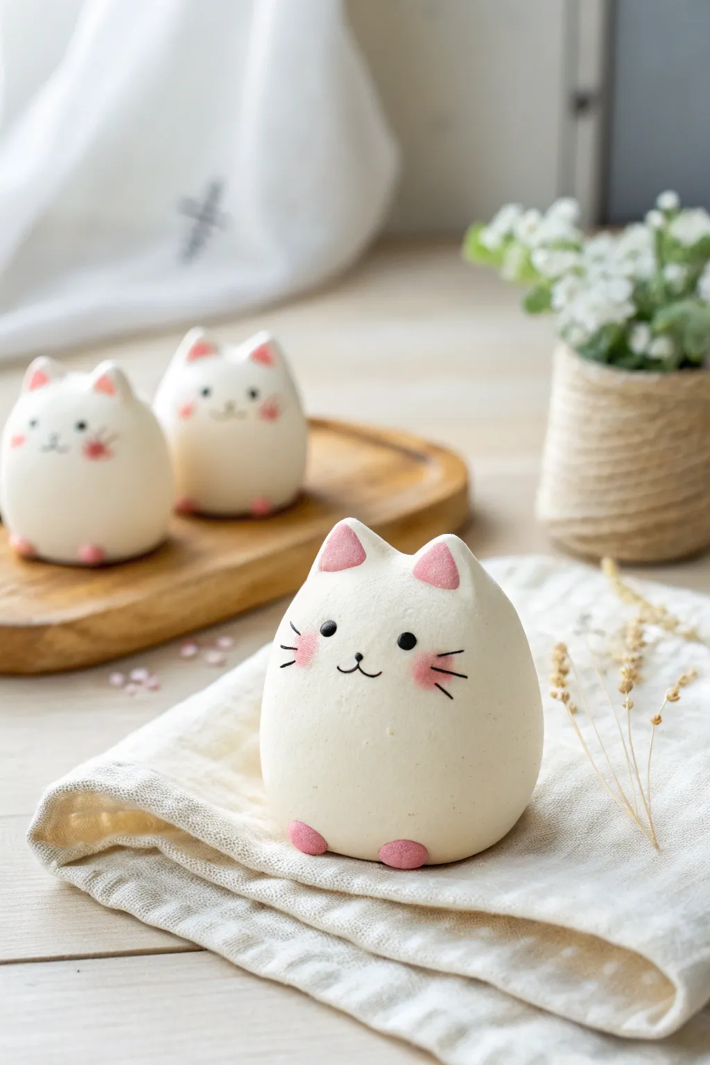 Chubby pastel kawaii cat minis with blush cheeks, simple marshmallow shapes for kid-friendly clay.