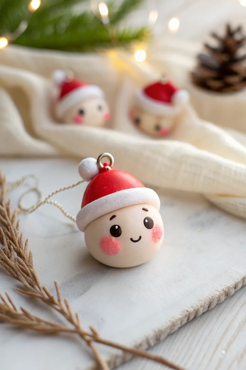 Chubby kawaii Santa head charm with rosy cheeks and tiny pom pom in cozy minimalist styling