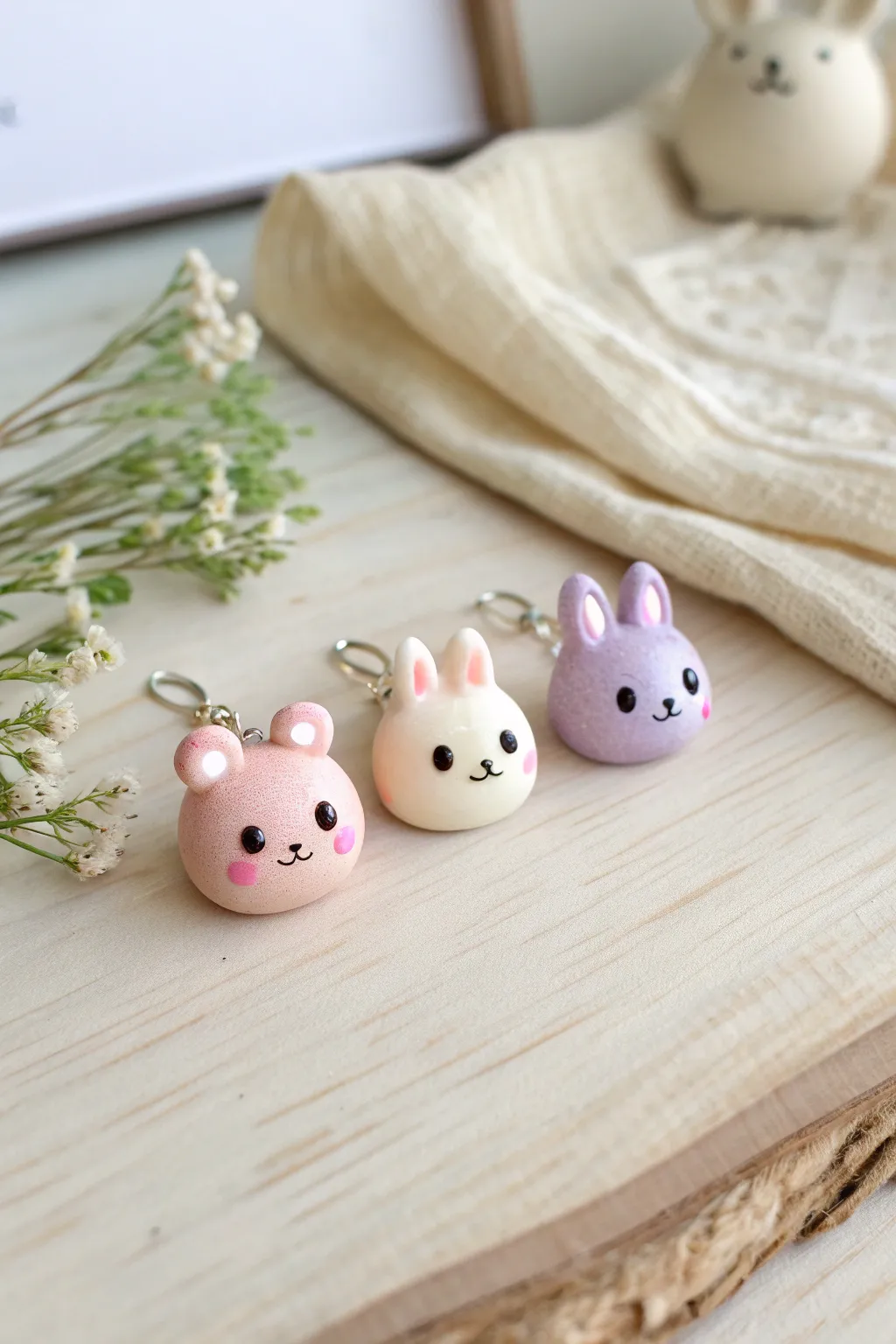 Three pastel kawaii animal charms with dot eyes, neatly lined up for a minimalist cute vibe.
