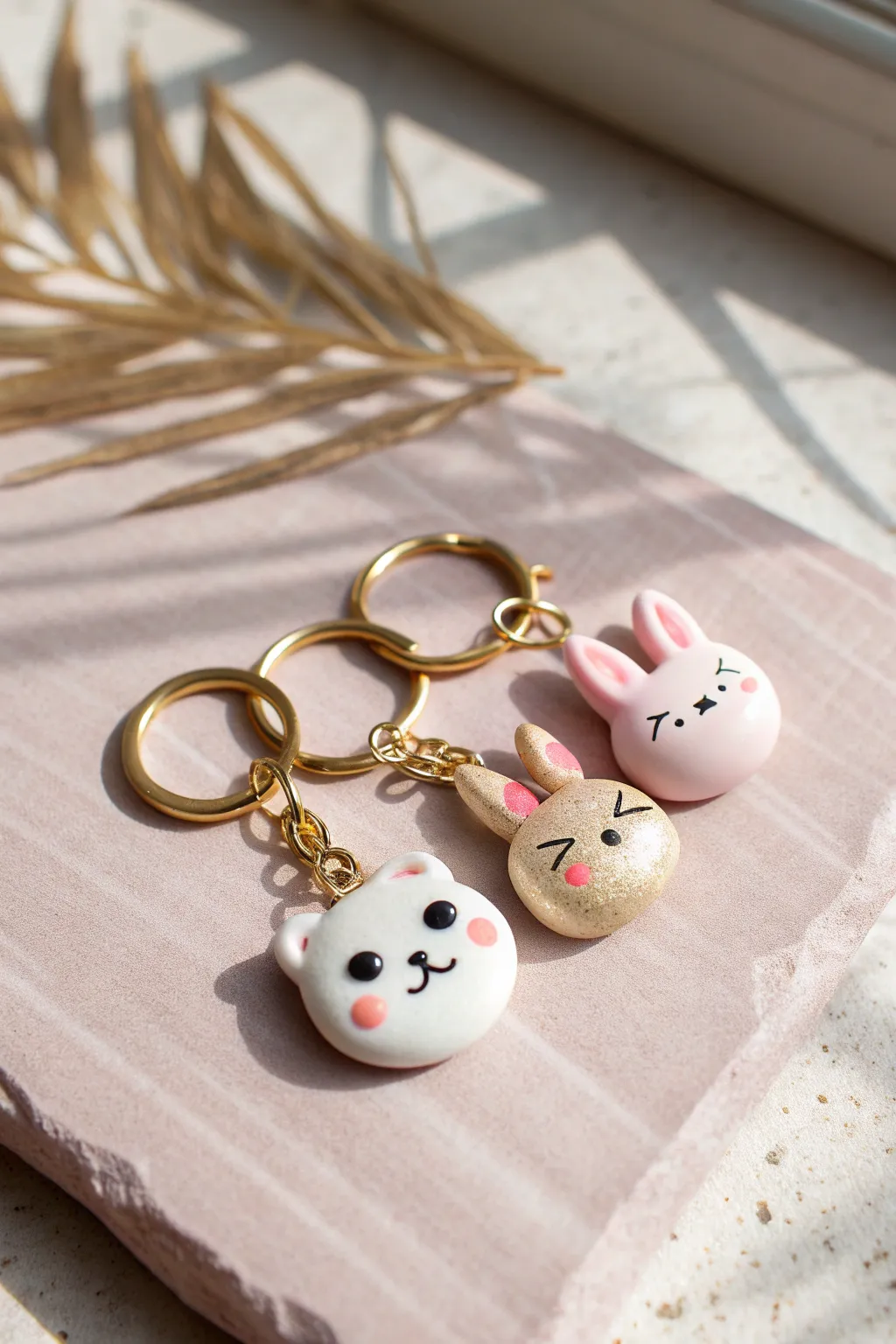 Classic kawaii polymer clay animal charm trio in soft pink, handmade and irresistibly cute.