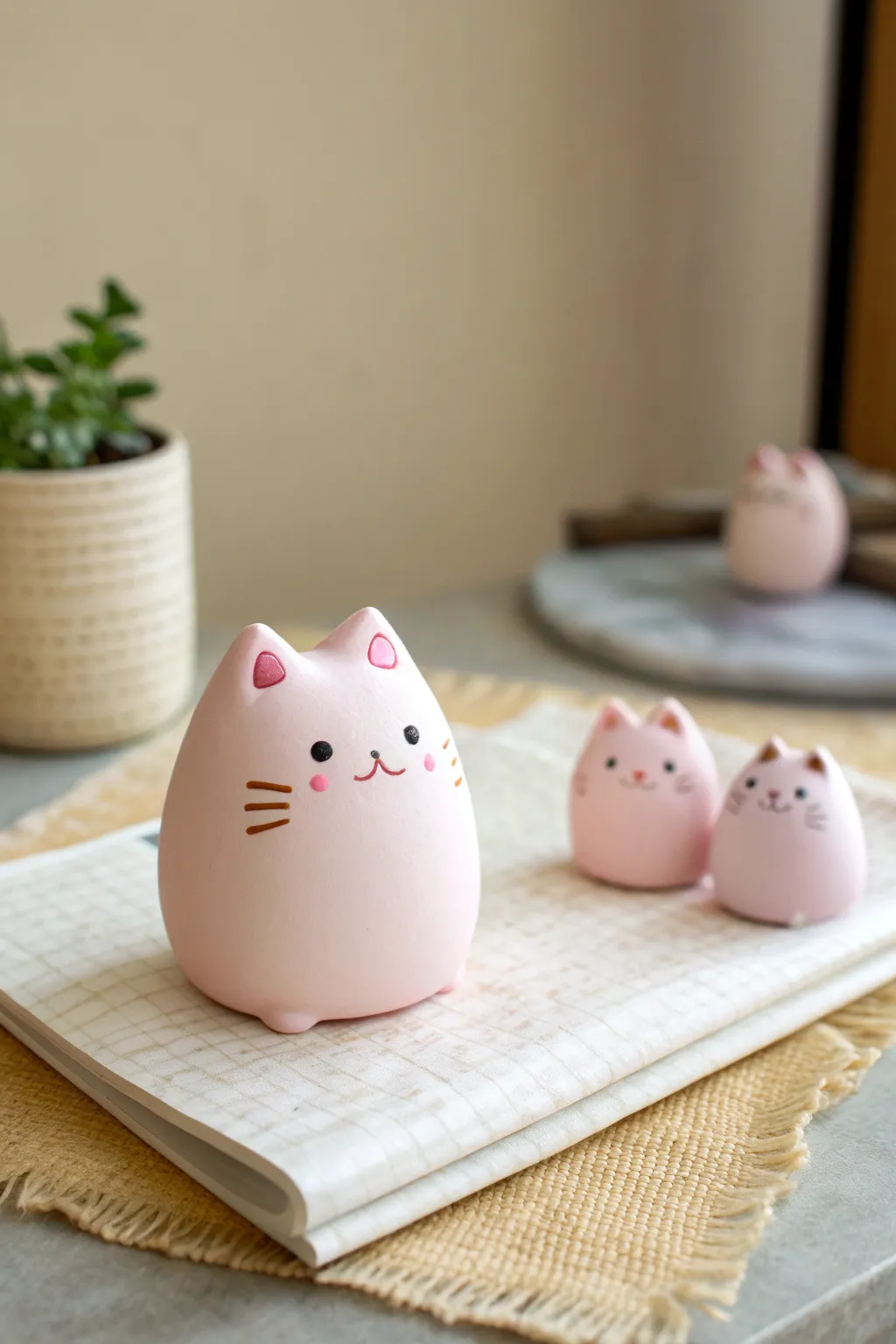 Pastel chubby cat clay figurines with dot eyes and blush, sweet kawaii decor for beginners.