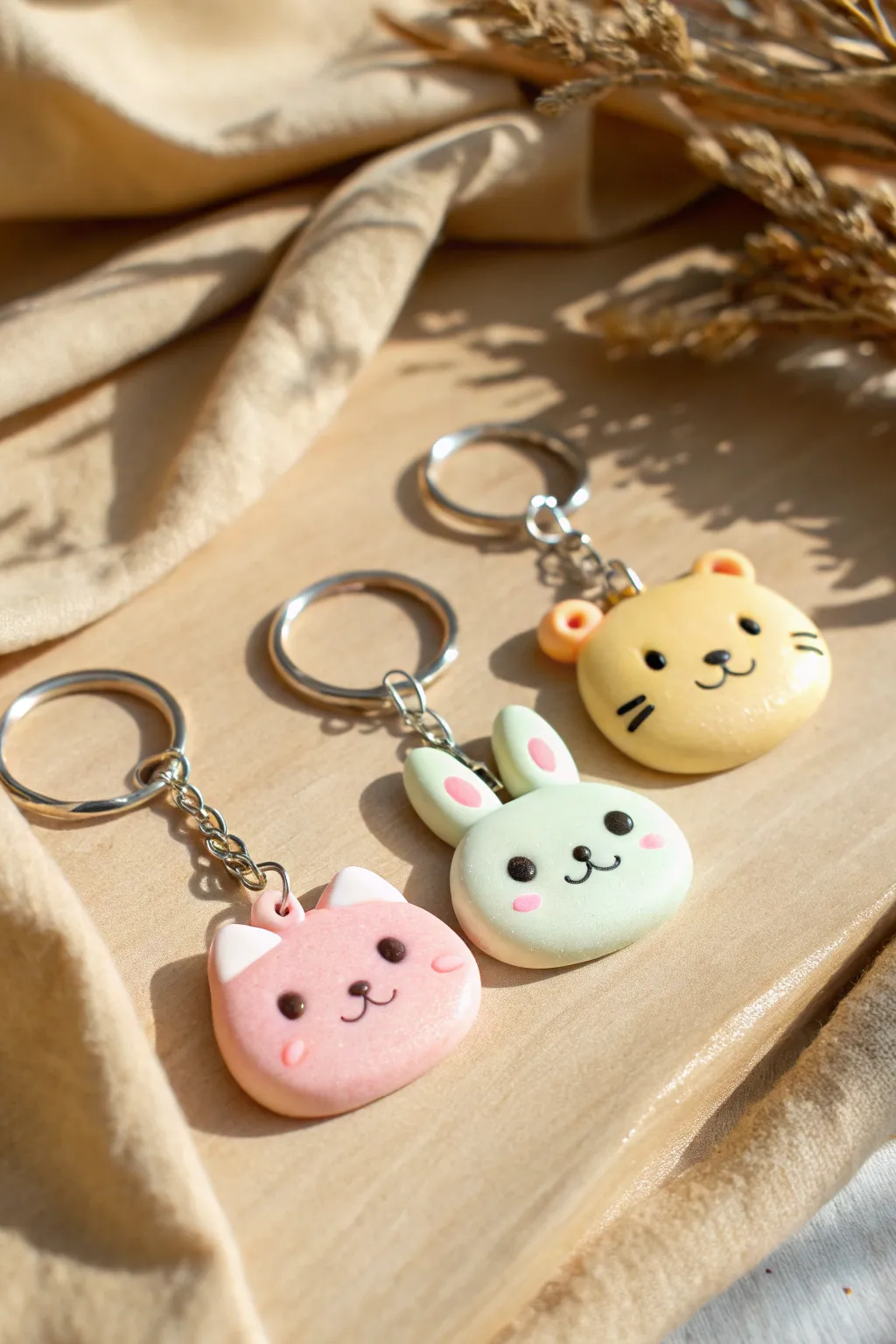 Pastel kawaii cat, bunny, and bear polymer charms on one keyring, clean minimalist styling