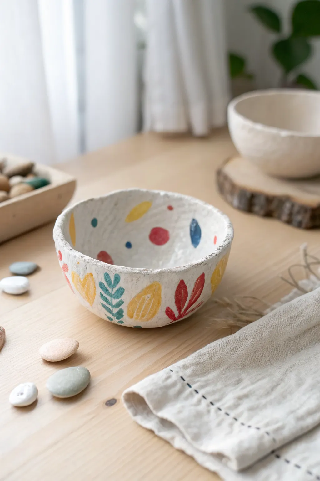 Simple air-dry clay pinch pot treasure bowl, bright and chunky, perfect for kids to make.