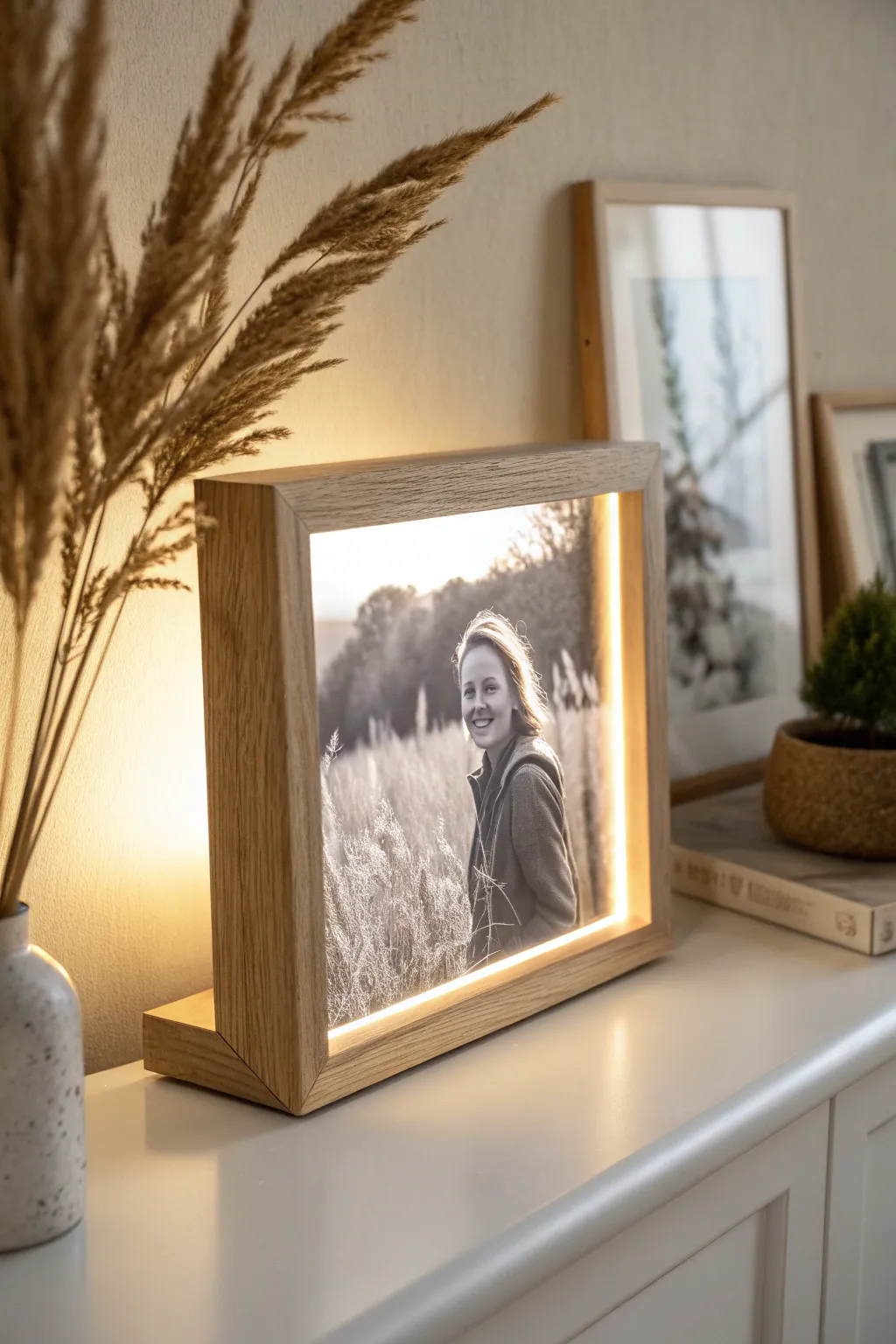 Classic framed photo lithophane panel glowing softly, minimalist and timeless for any shelf.