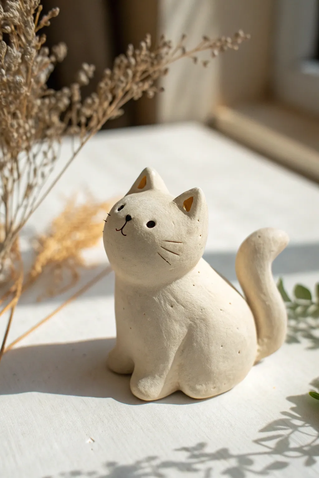 Tiny chubby clay cat with simple dot eyes, a curled tail, and cozy minimalist charm.