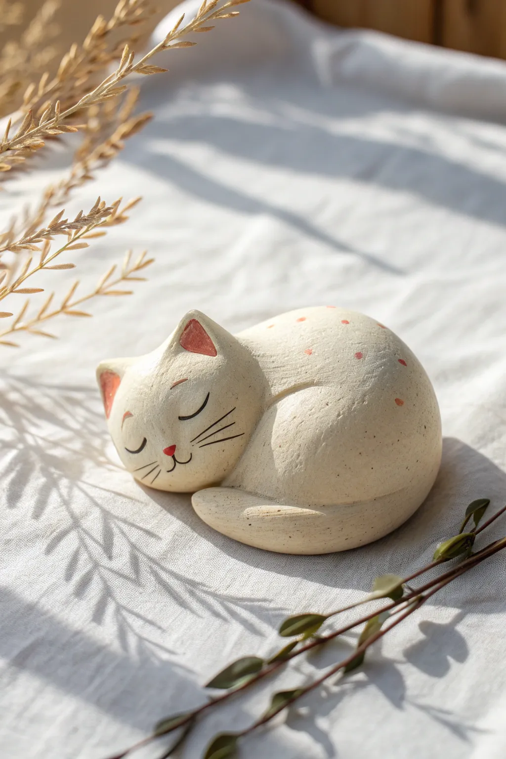 Tiny sleeping clay cat figure in soft matte tones, simple, cozy, and beautifully minimalist