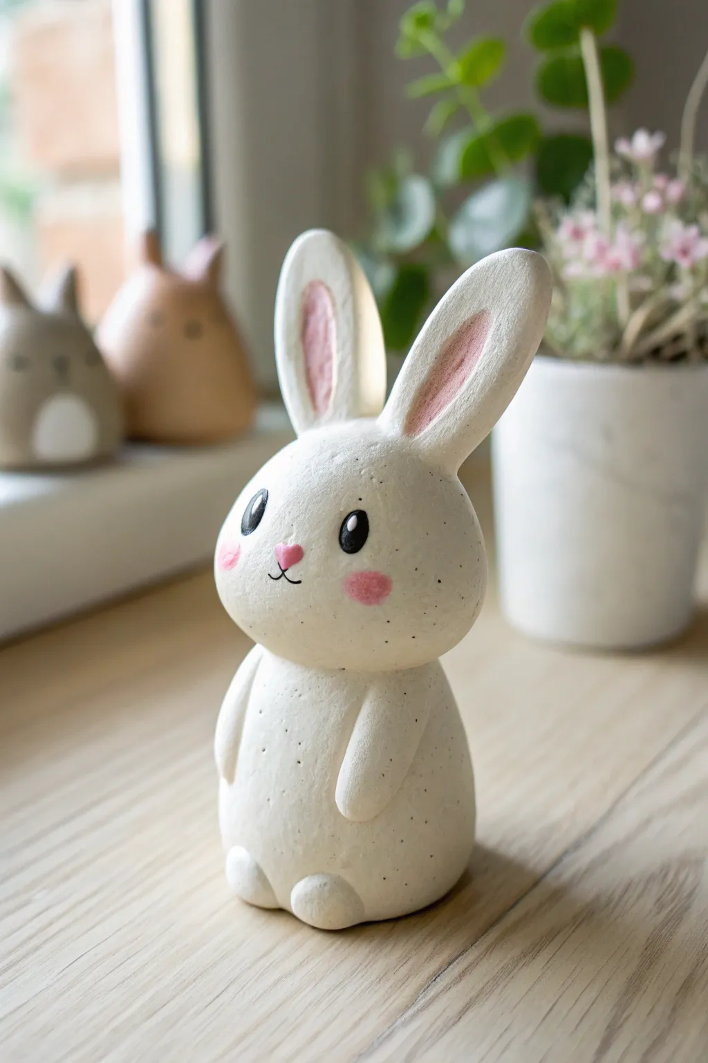 Palm sized kawaii bunny figurine in matte clay, minimalist and cozy with soft natural contrast
