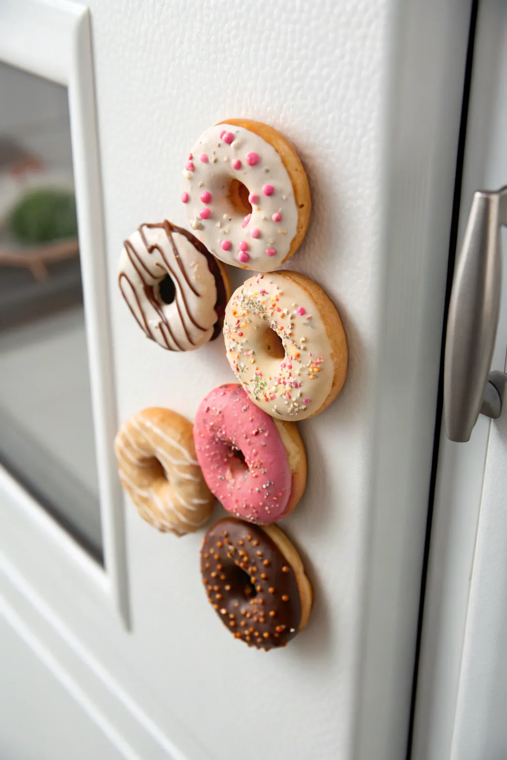 Tiny donut clay magnets with simple icing drips and sprinkles, sweet and minimal for your fridge