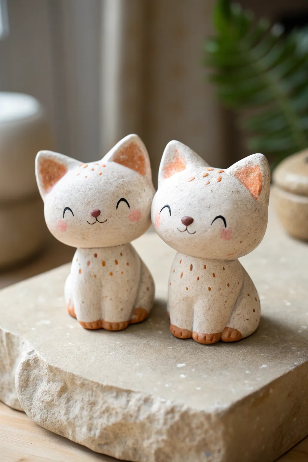 Two chibi mini clay cats in soft neutrals, minimalist and cozy, perfect tiny sculpture inspo.