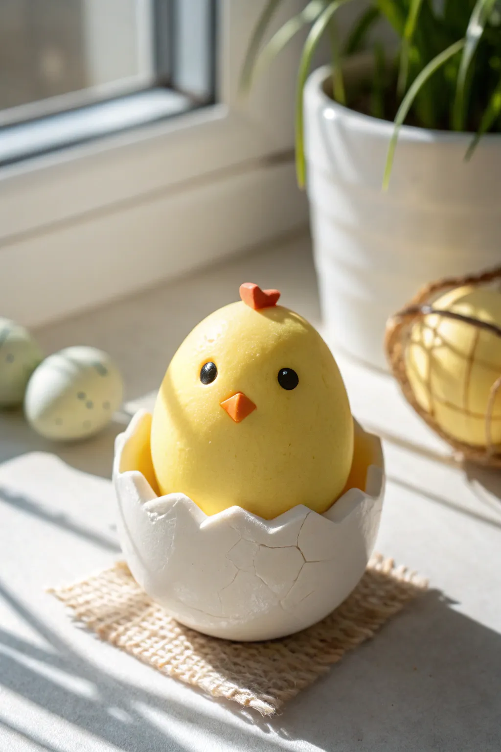 Sunny blob-style magic clay chick nestled in a white cracked egg cup, minimal and craft-friendly.
