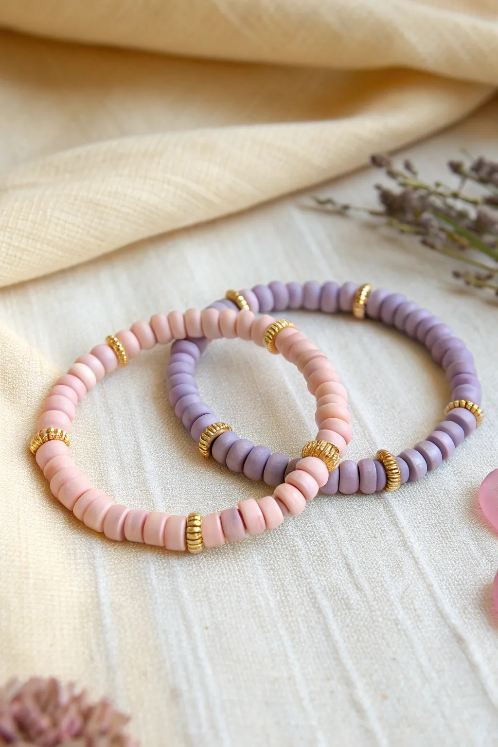 Color-inverted bestie bracelets in blush and lavender, finished with matching gold spacers