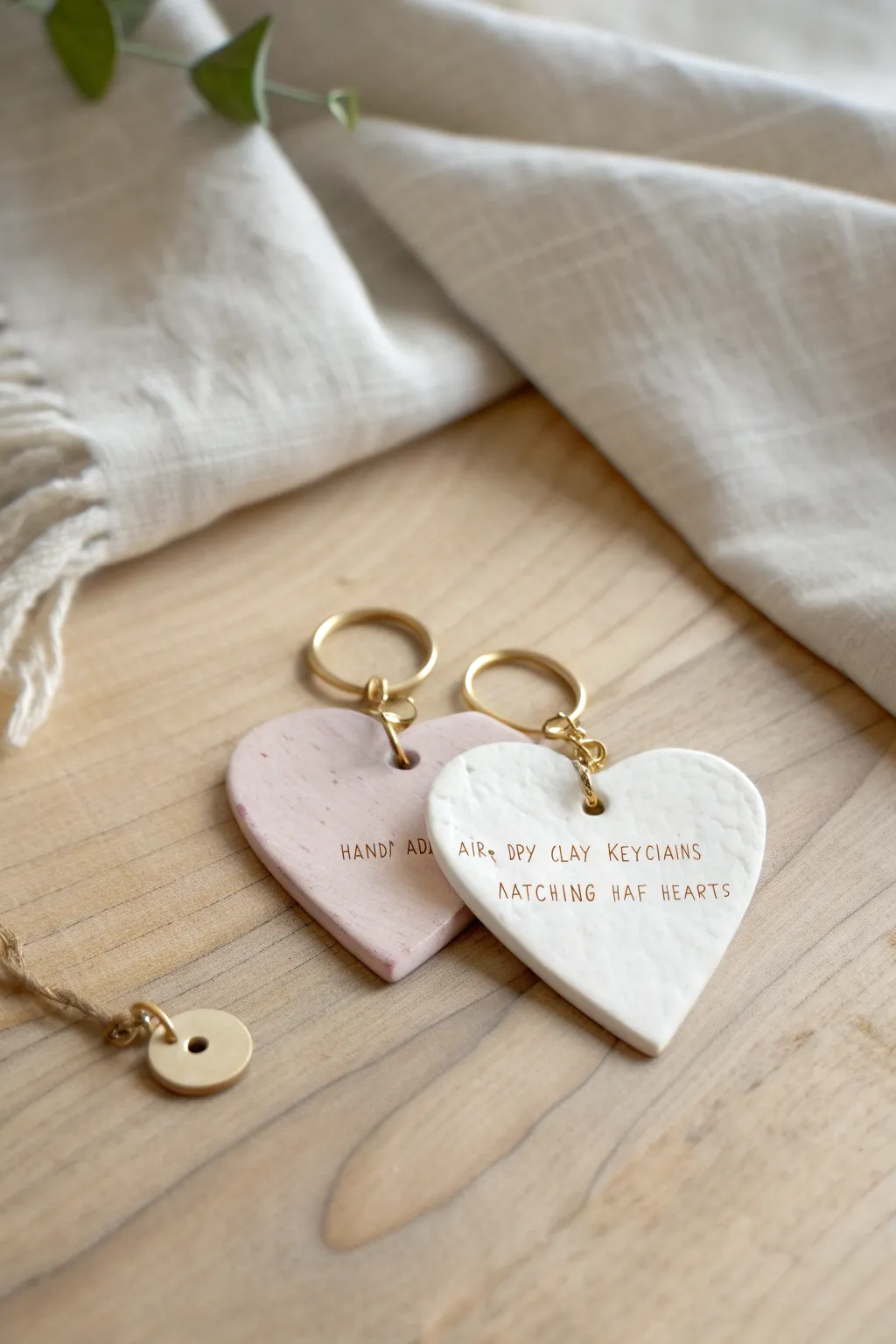 Split-heart clay keychains that fit together, in soft neutrals with tiny matching initials.