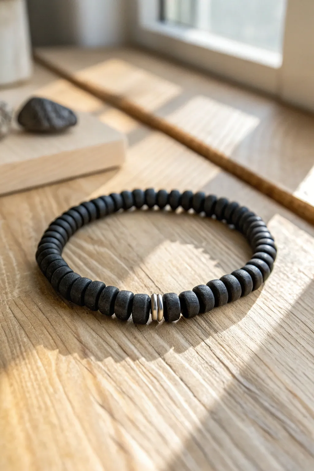 Matte black clay heishi bracelet in clean minimalist style, perfect for modern mens looks