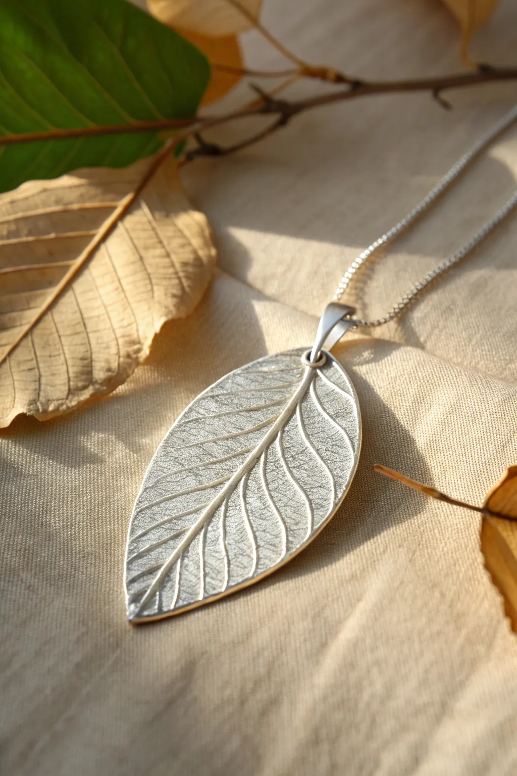 Minimal leaf-imprint metal clay pendant with crisp veins, styled with a dried leaf on linen.