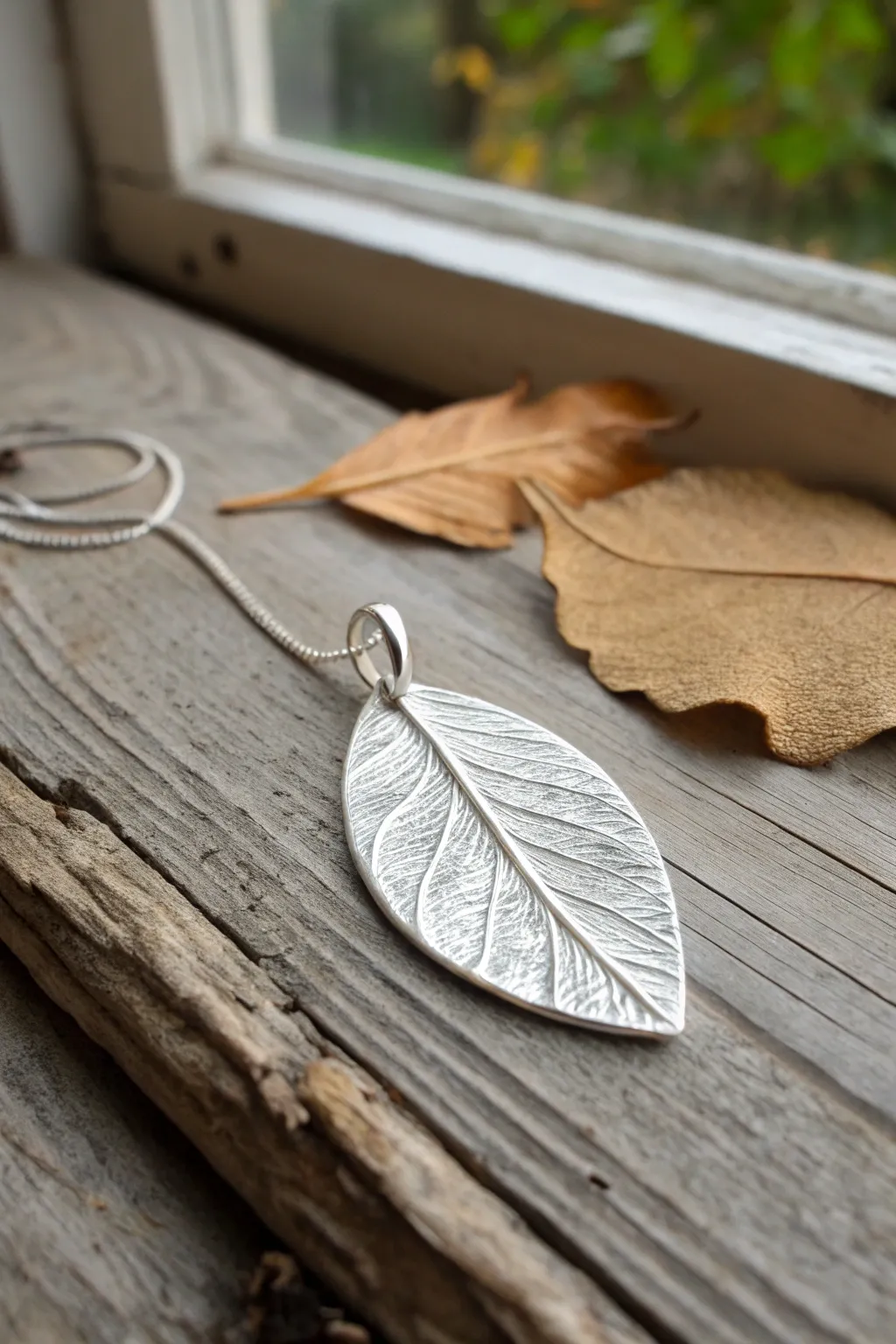 Fine silver leaf-imprint pendant with a built-in bail, resting on weathered wood with a real leaf.