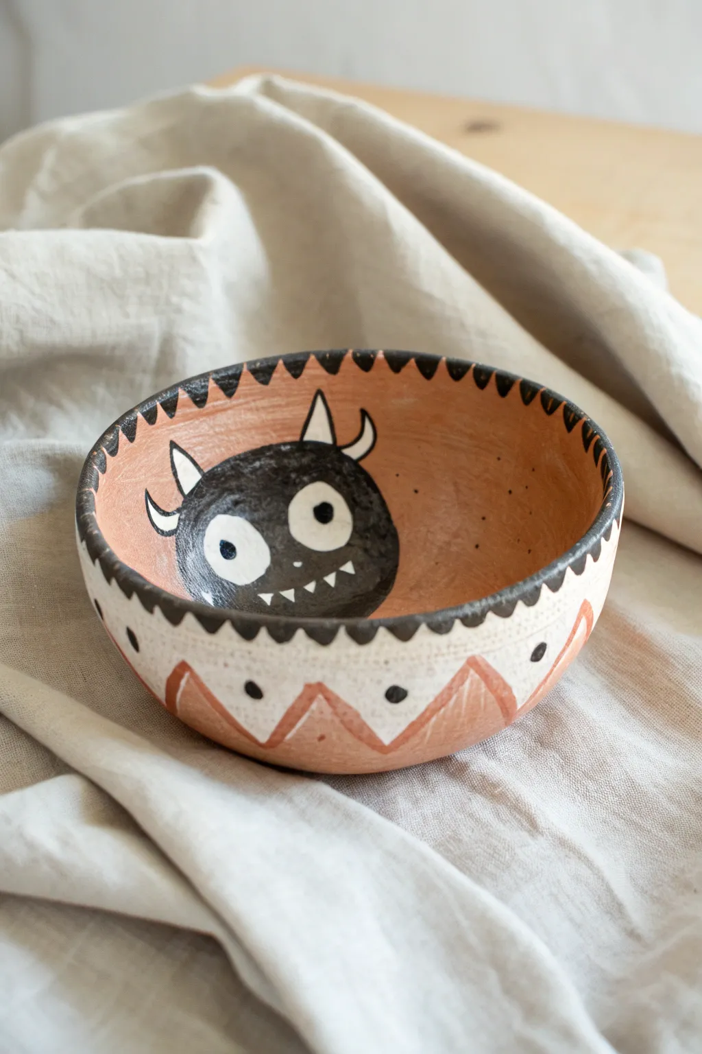 Cute pinch pot creature bowl with tiny horns and toothy rim, perfect middle school clay idea.