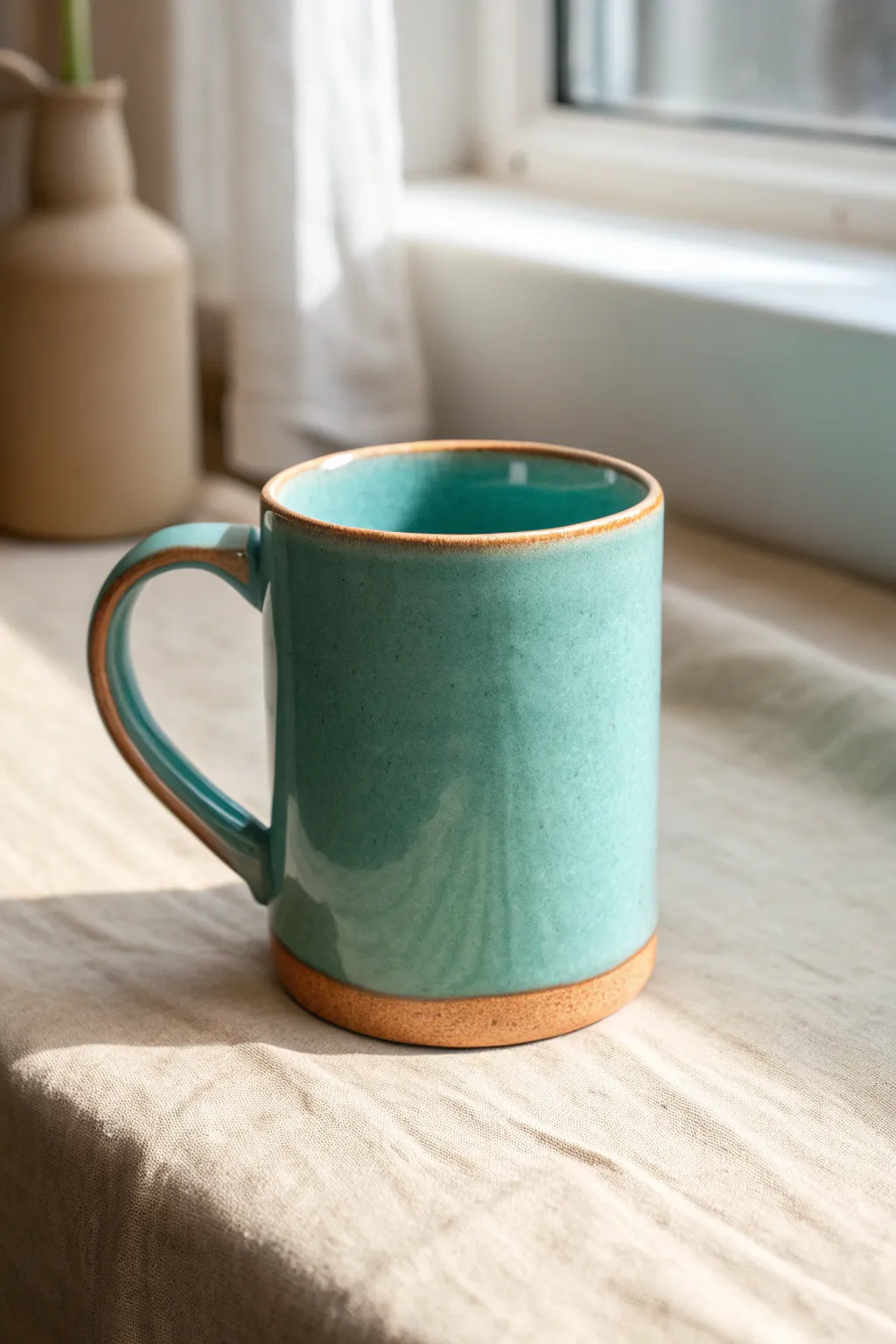 Classic slab-built starter mug in a bright glaze, minimal form, crisp rim, and cozy handmade charm.