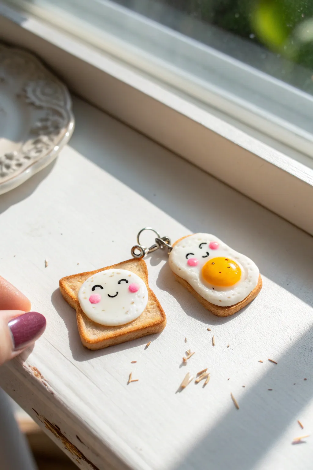 Tiny kawaii toast and egg minis with rosy cheeks, styled minimalist on white for true scale