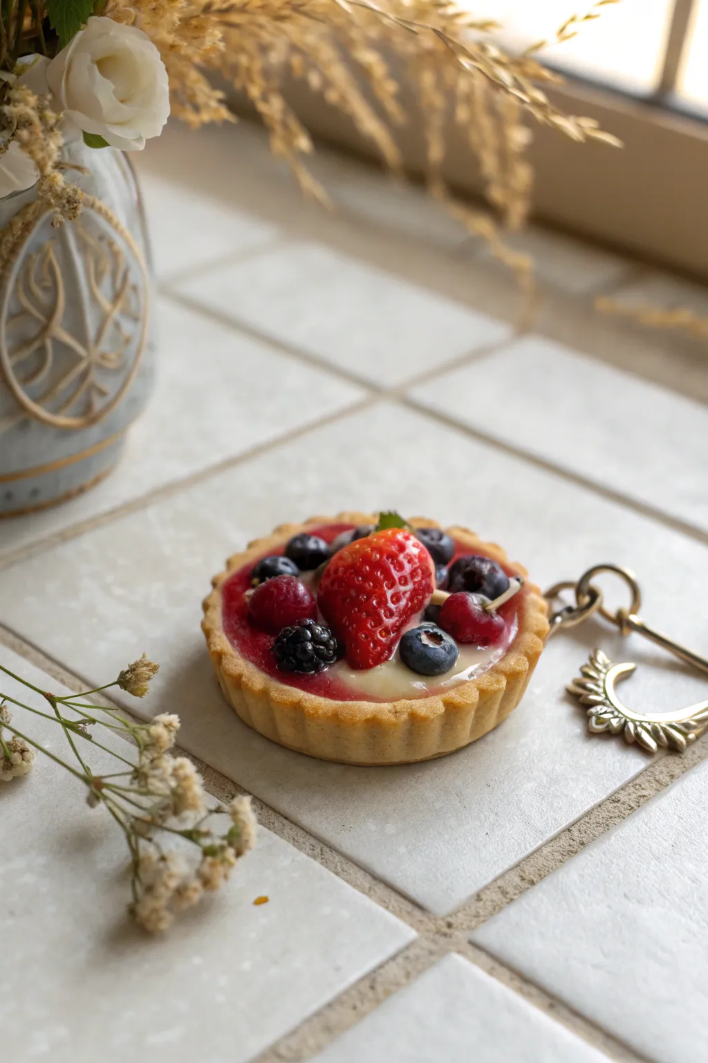 Mini clay fruit tart charm with glossy berries on ceramic tile, simple and sweet for keychains.