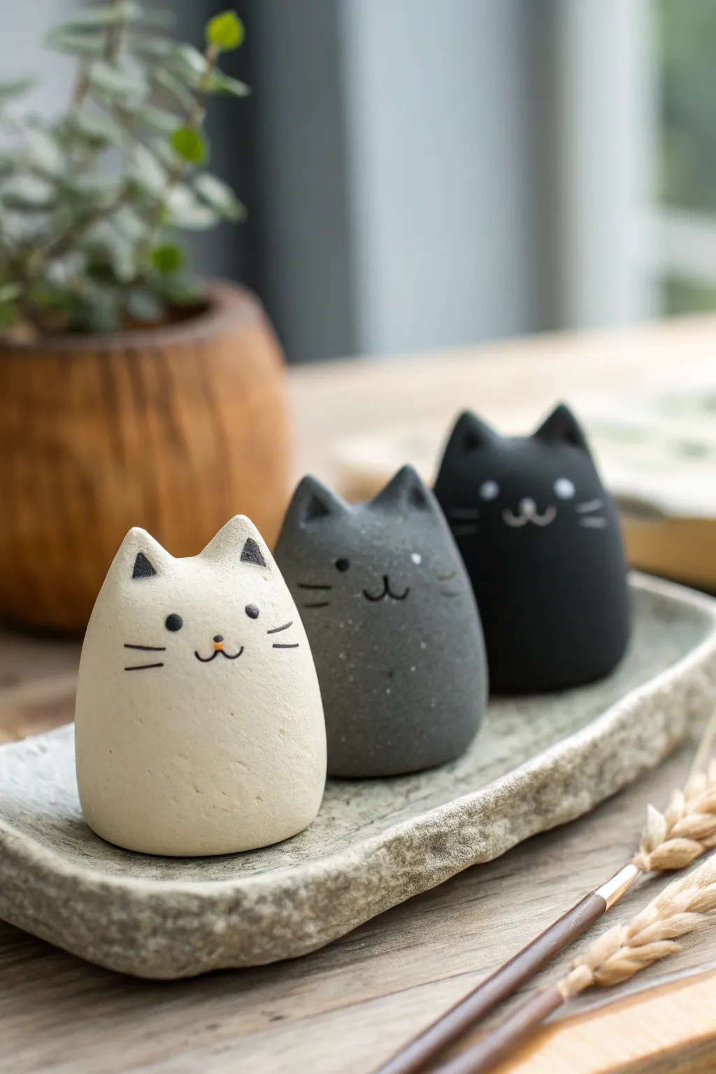 Palm-sized dot-eyed mini cats in cream, gray, and black, styled in calm Scandinavian light.