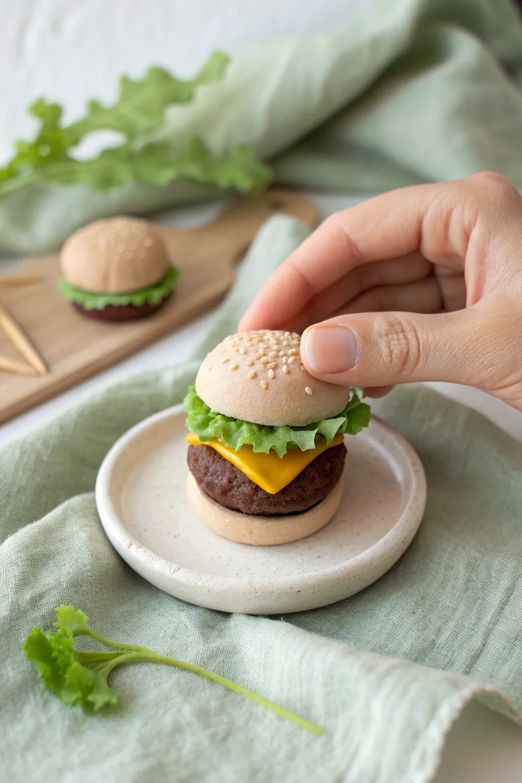 Classic mini clay burger stack on a tiny plate, simple details and cozy Scandinavian style.