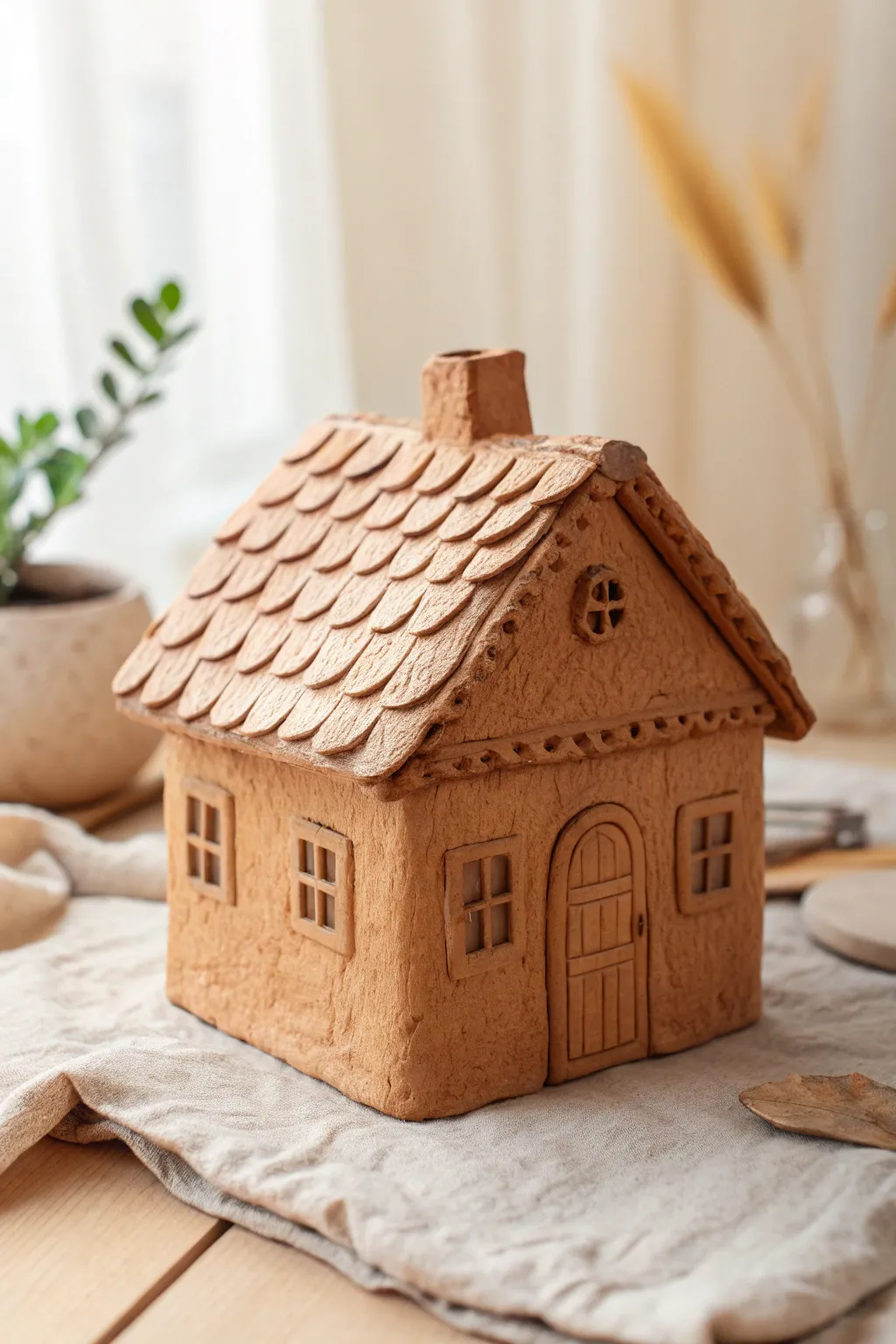 Classic mini clay cottage with a chunky shingled roof in warm, earthy tones