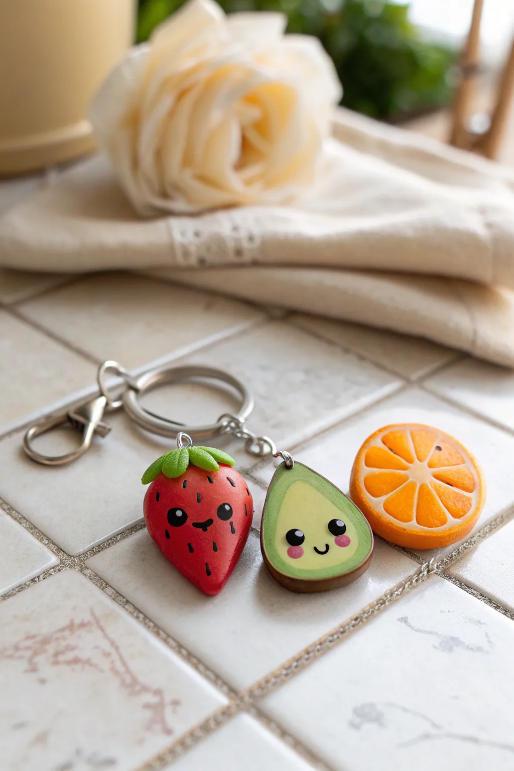 Tiny kawaii fruit charms in clay, sweet faces, minimalist boho styling for mini inspiration.