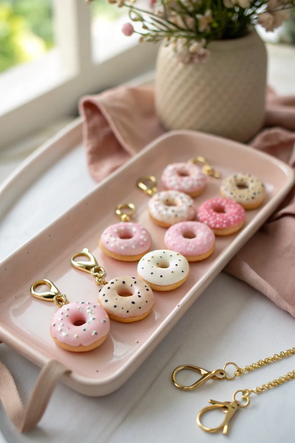 Mini smiley donut charms in soft pastels, styled like a tiny bakery for an easy beginner project.