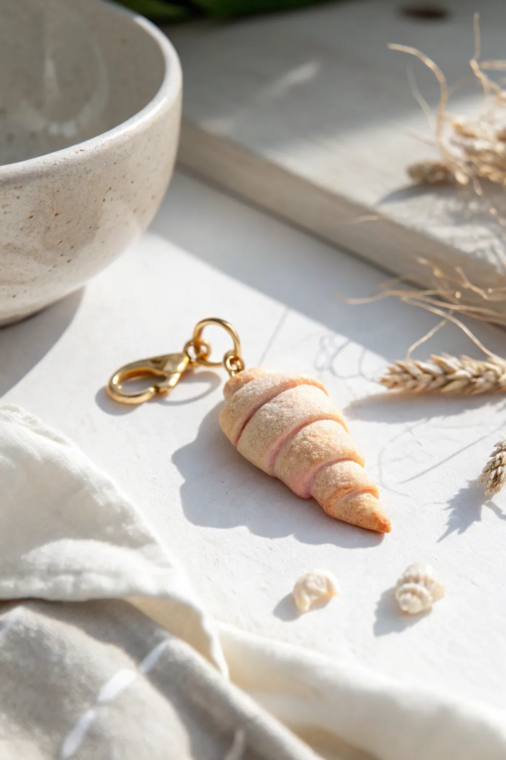 Sweet mini croissant charm in pastel clay, a simple bakery detail perfect for Pinterest-inspired crafts.