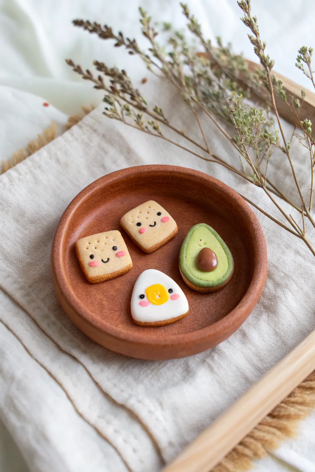 Tiny kawaii toast, egg, and avocado friends in soft pastels for mini clay inspiration