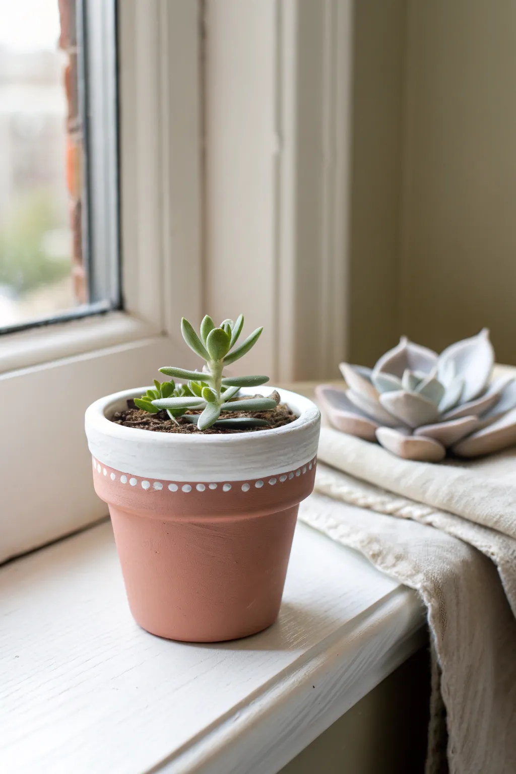 Soft solid color mini pot with a crisp dipped rim, styled simply on a bright Scandinavian windowsill.