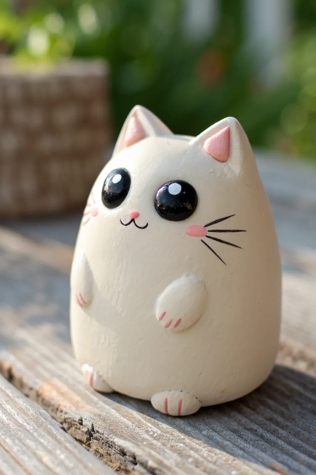 Sweet palm-sized kawaii blob cat sculpture with big eyes, simple shapes, and soft pastel calm