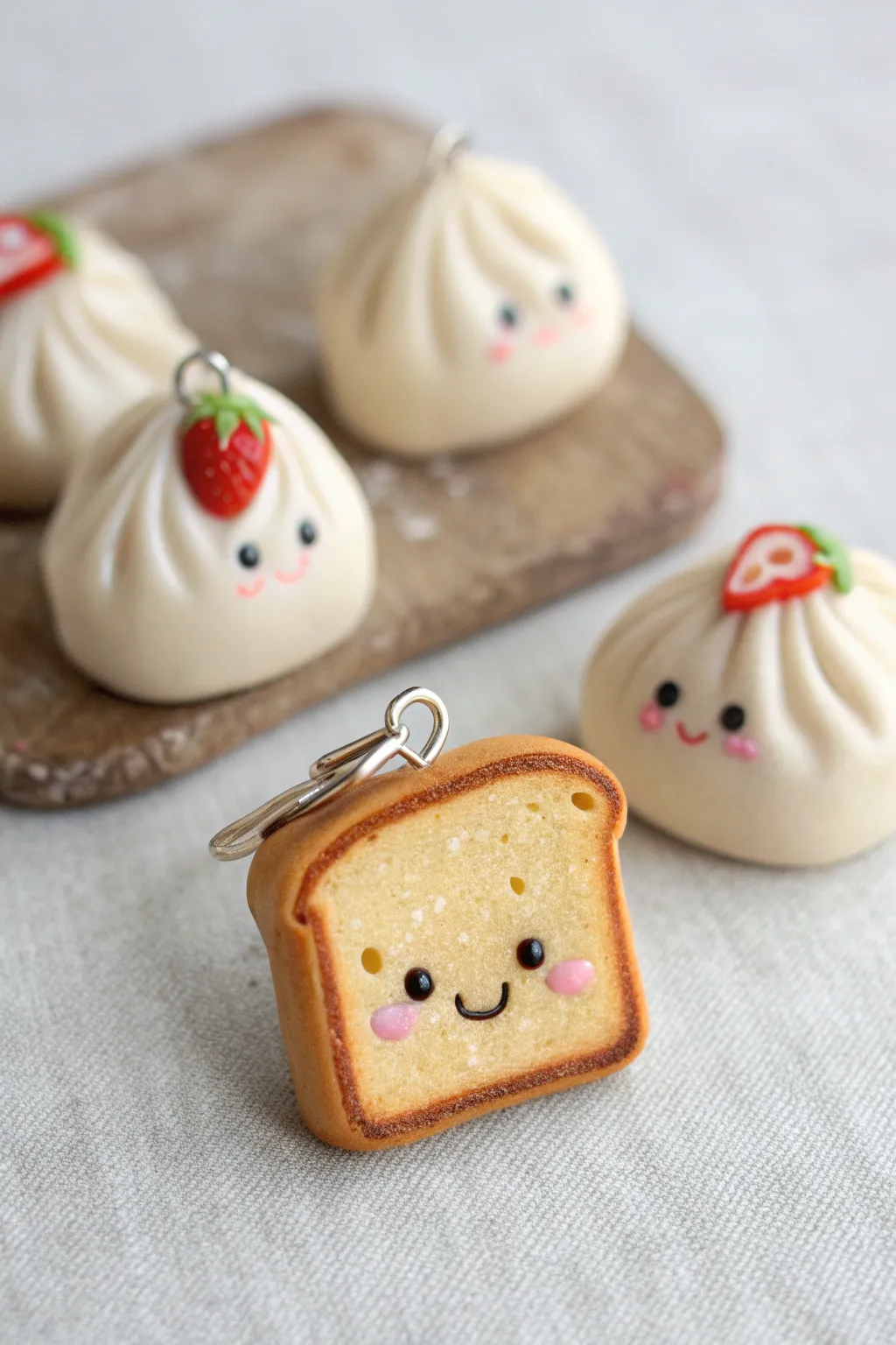 Tiny polymer clay food charms with sweet faces, styled simply with a fingertip for scale