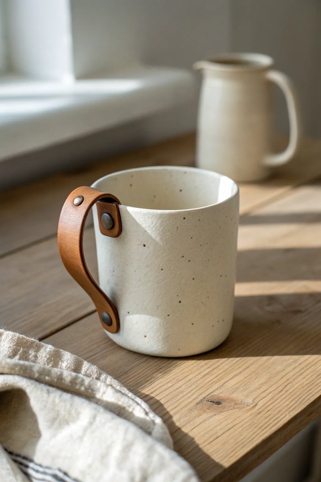 Minimal ceramic mug with tan leather strap handle, Scandinavian calm with a soft boho touch.