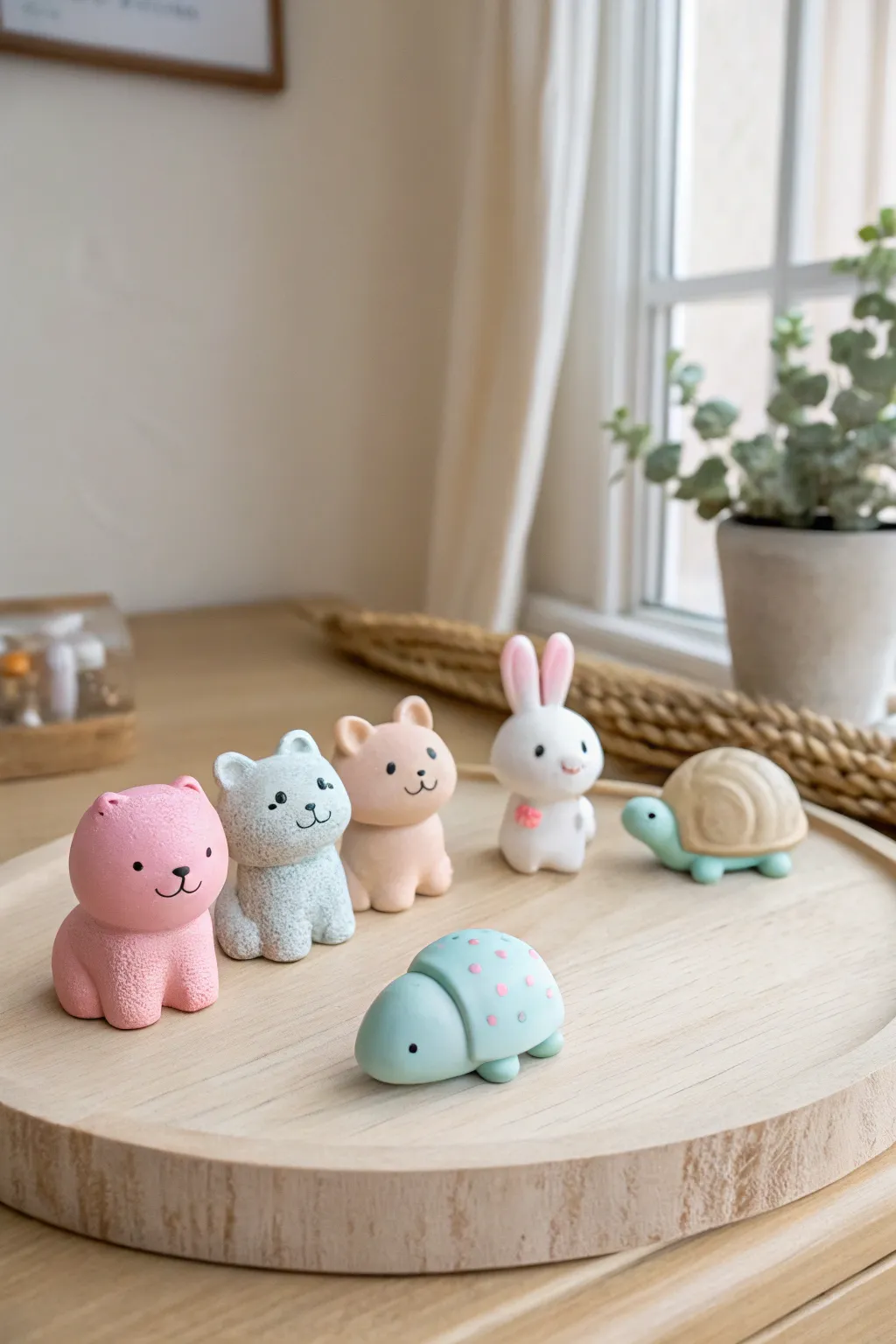 Simple mini clay animals in soft pastels, perfect beginner figurines with a cozy minimal look