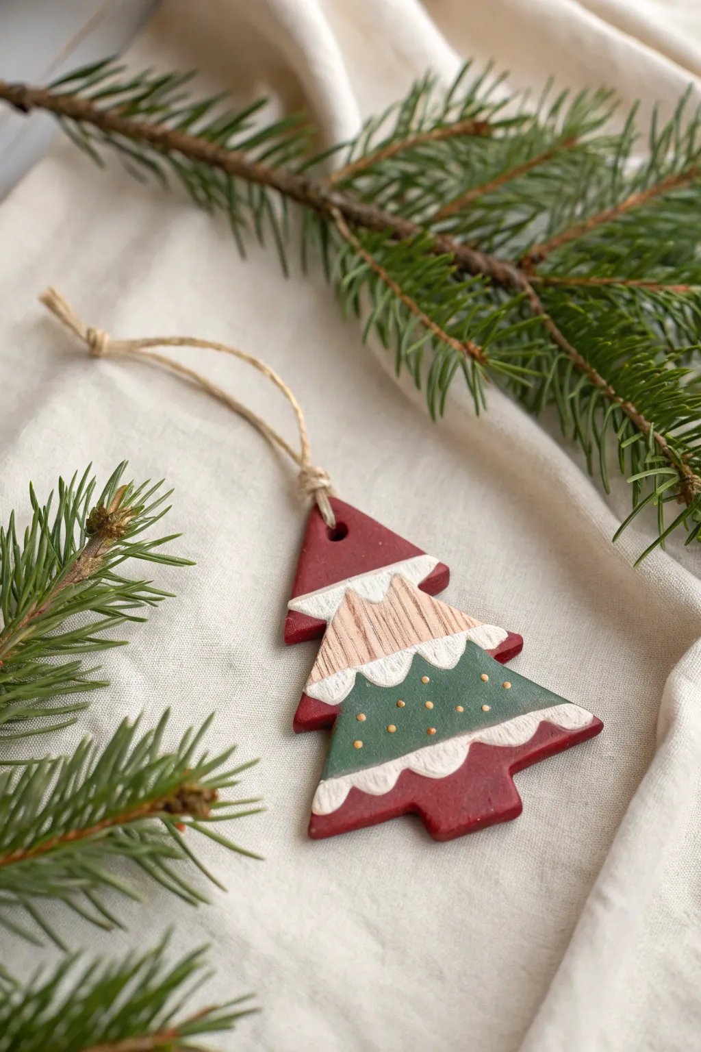 Classic flat clay tree ornament with twine on pine, minimalist Scandinavian Christmas decor