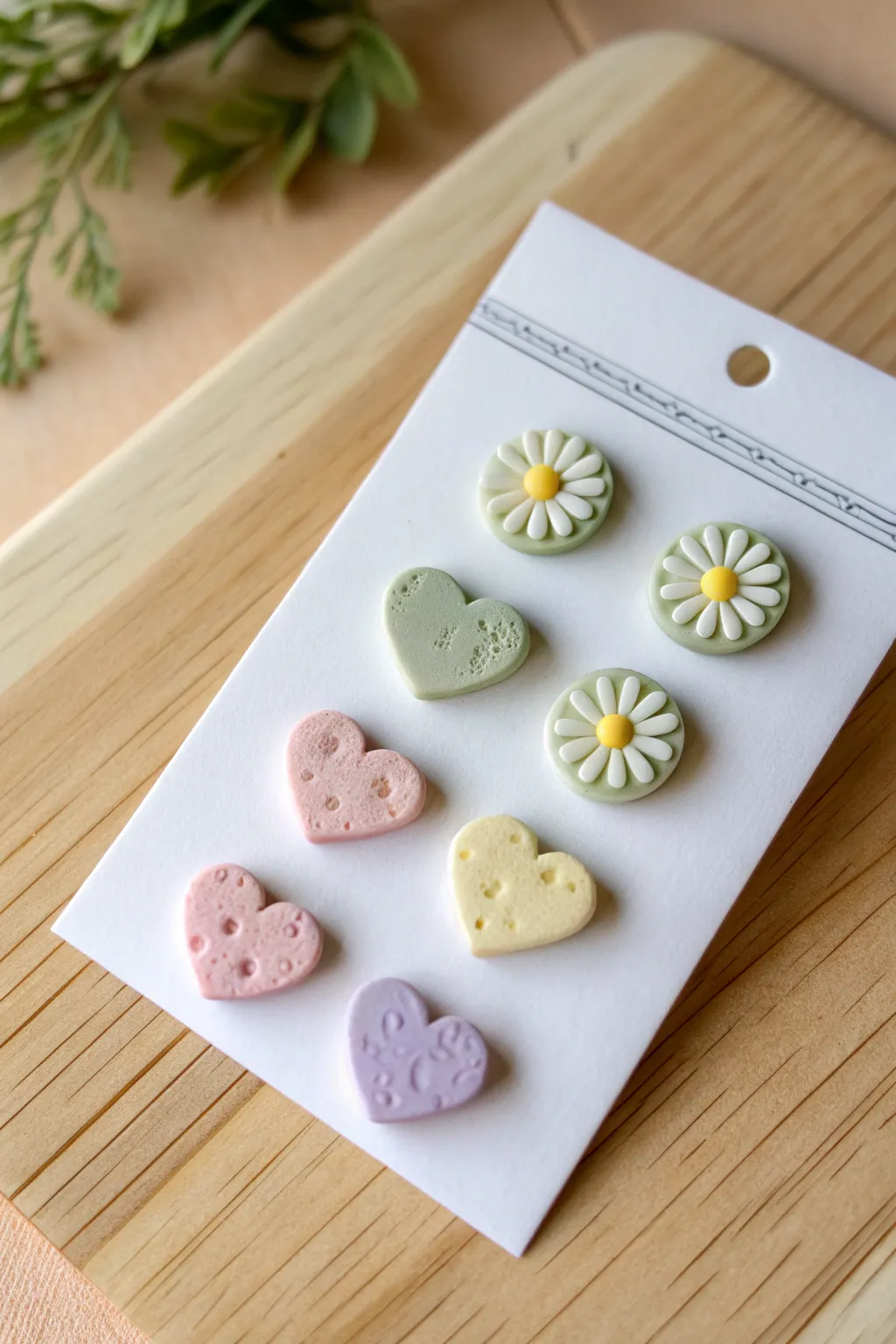 Pastel polymer clay stud earrings in simple shapes, minimal and wearable for everyday style.